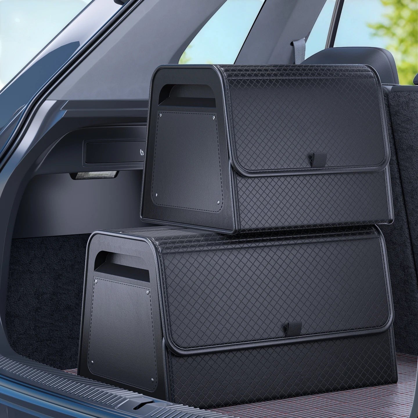 zero2cart black PU leather magnetic car trunk organizers stacked in a vehicle cargo area with a diamond-quilted design
