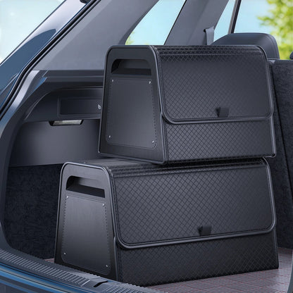 zero2cart black PU leather magnetic car trunk organizers stacked in a vehicle cargo area with a diamond-quilted design