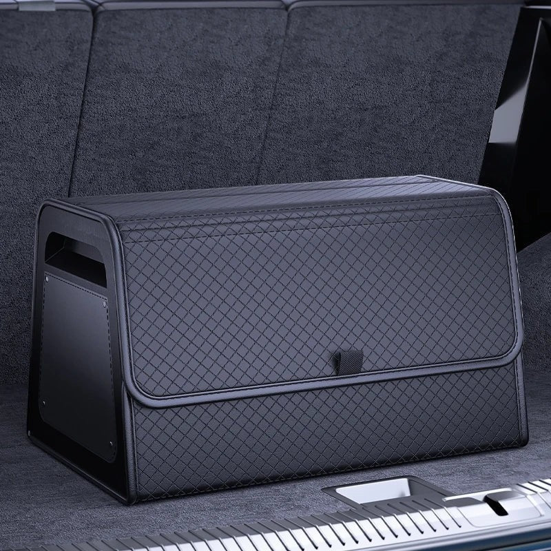 zero2cart black PU leather magnetic car trunk organizer with a quilted texture and reinforced ABS frame