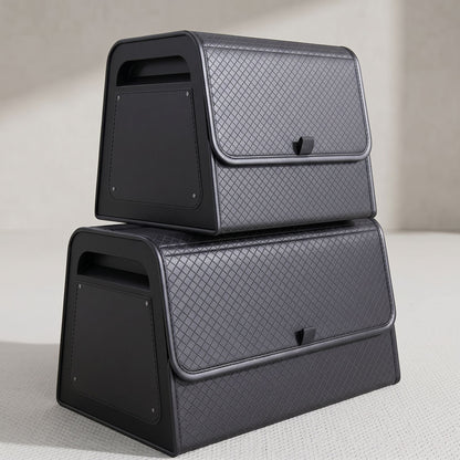 zero2cart black PU leather magnetic car trunk organizers in two sizes stacked on a light surface