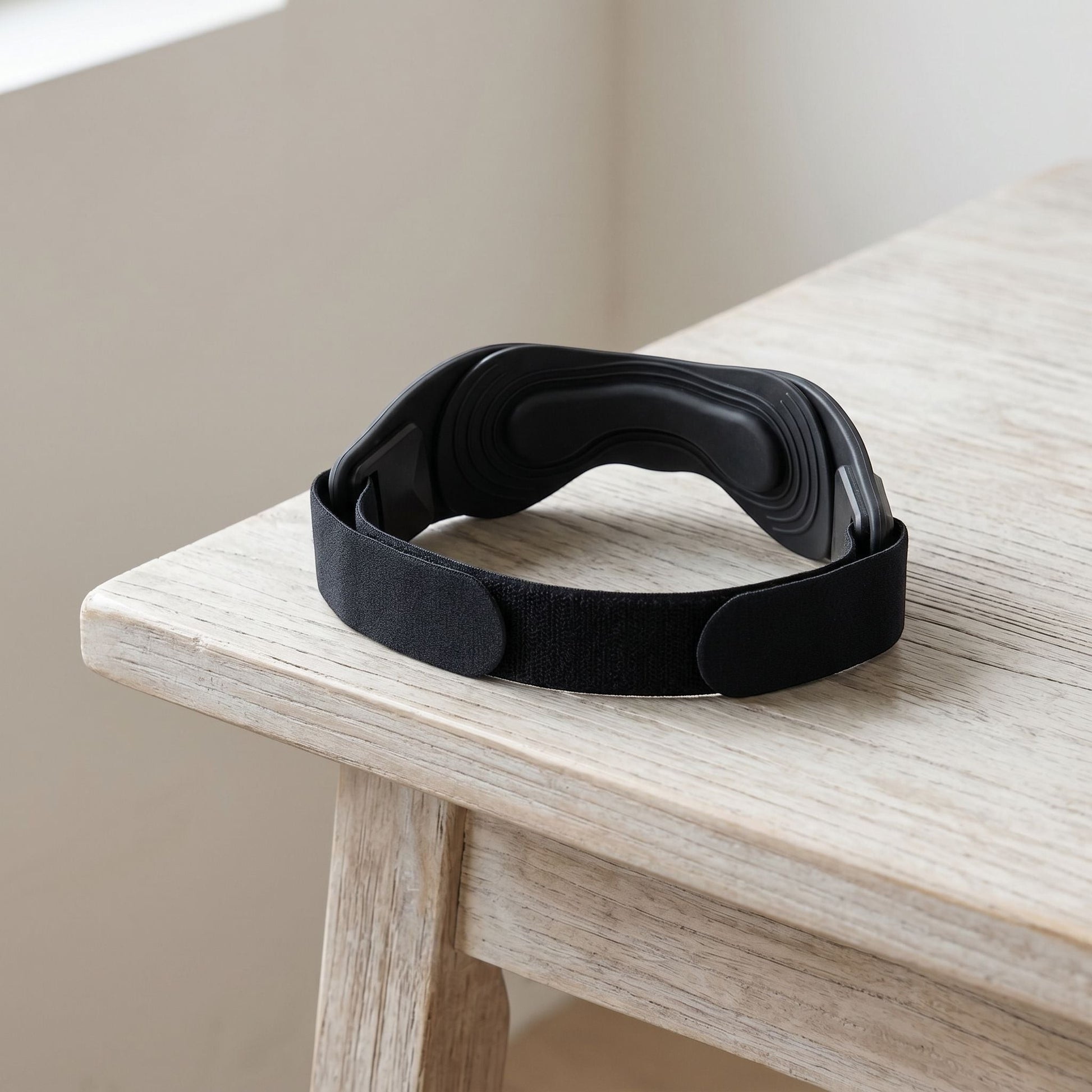 zero2cart black adjustable patellar tendon support strap with a contoured silicone pad on a wooden table