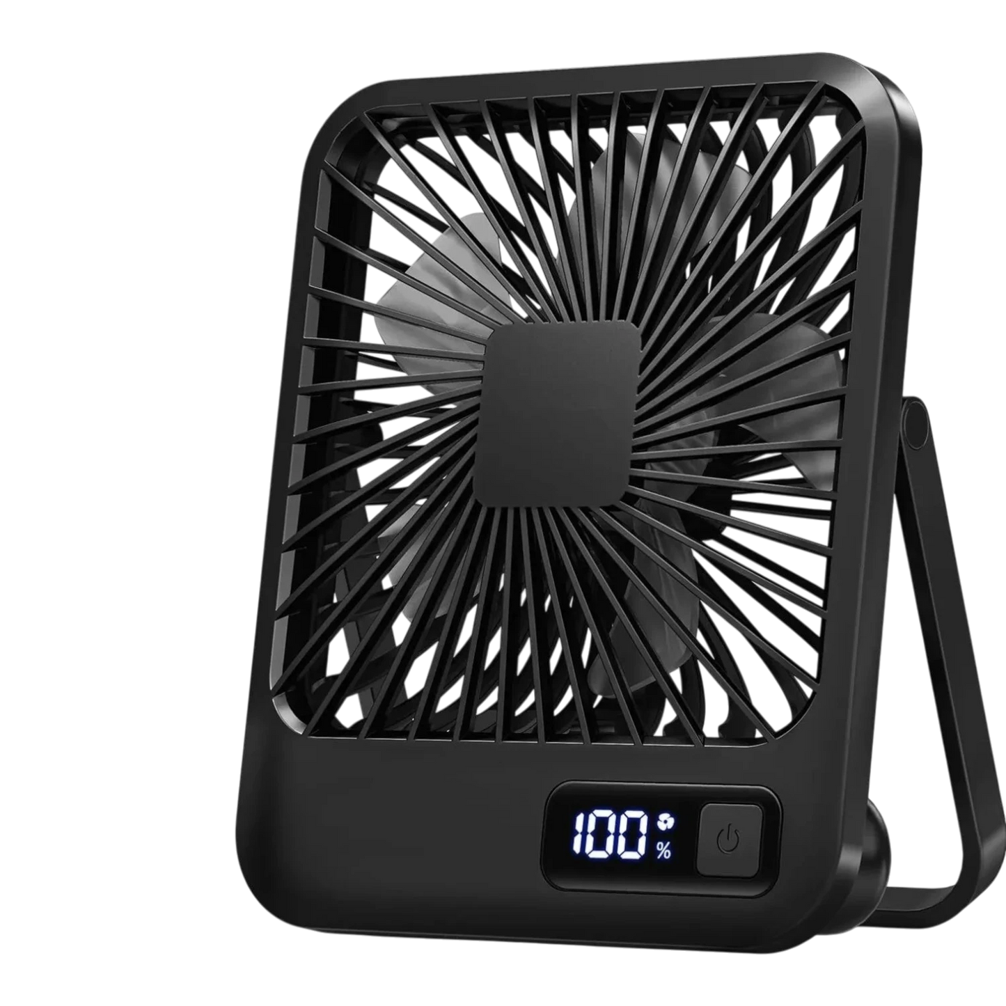 zero2cart black rechargeable portable desk fan with a digital battery display and 180-degree foldable stand