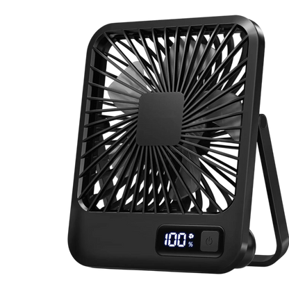 zero2cart black rechargeable portable desk fan with a digital battery display and 180-degree foldable stand