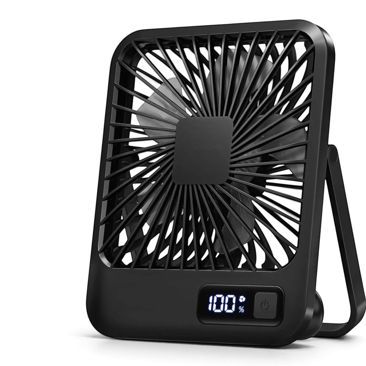 zero2cart black rechargeable portable desk fan with a digital battery display and 180-degree foldable stand