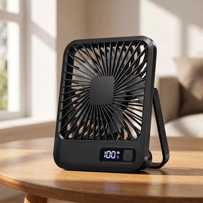 zero2cart black portable rechargeable desk fan with a digital battery display and 180-degree foldable stand.