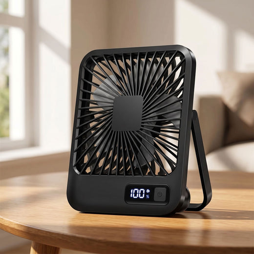 zero2cart black portable rechargeable desk fan with a digital battery display and 180-degree foldable stand.