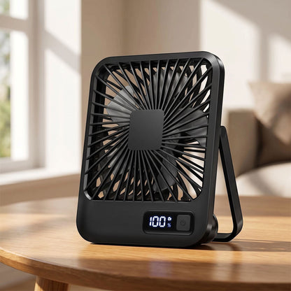 zero2cart black portable rechargeable desk fan with a digital battery display and 180-degree foldable stand.