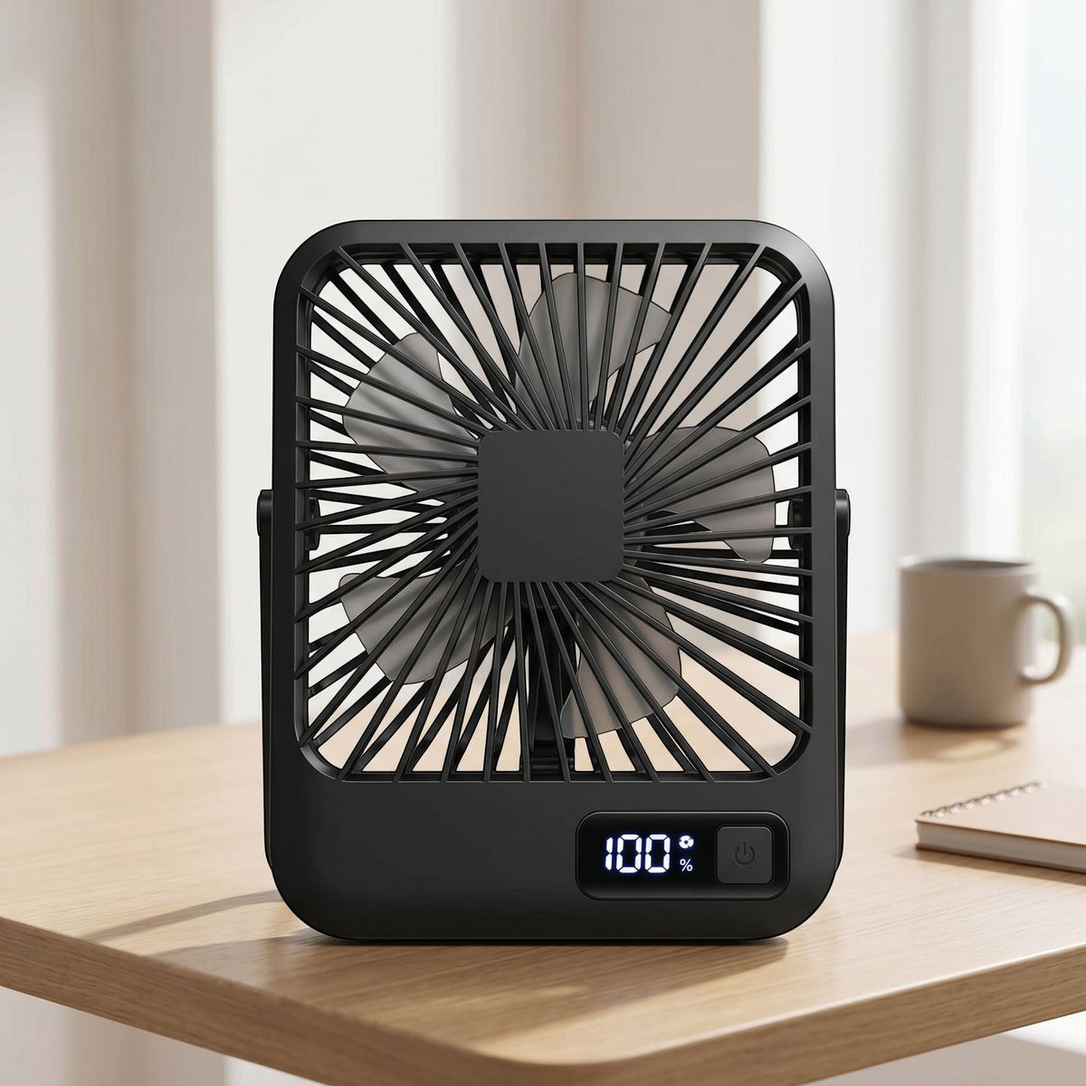 zero2cart black rechargeable portable desk fan with digital battery display and 5 speed settings on a wooden desk