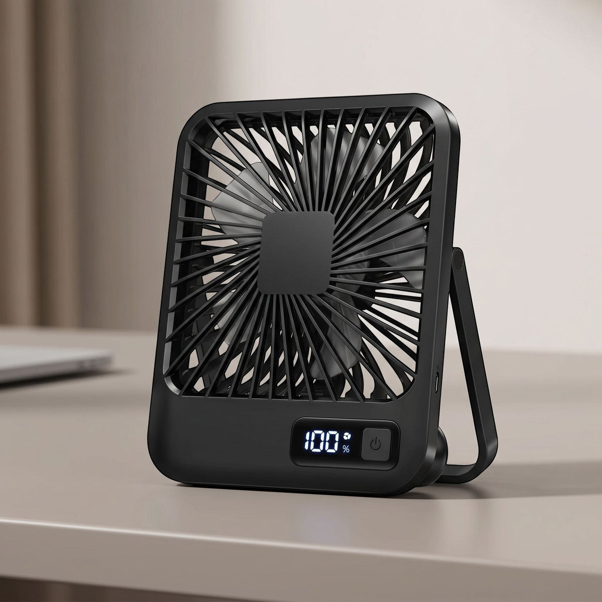 zero2cart black portable rechargeable desk fan with a digital battery display and foldable stand on a table