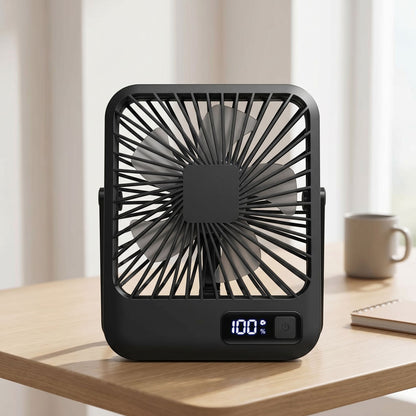 zero2cart black rechargeable portable desk fan with digital battery display and 5 speed settings on a wooden desk