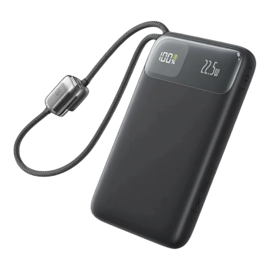 zero2cart black 10000mAh portable power bank with digital display and integrated braided USB-C cable