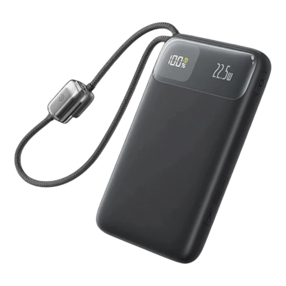 zero2cart black 10000mAh portable power bank with digital display and integrated braided USB-C cable
