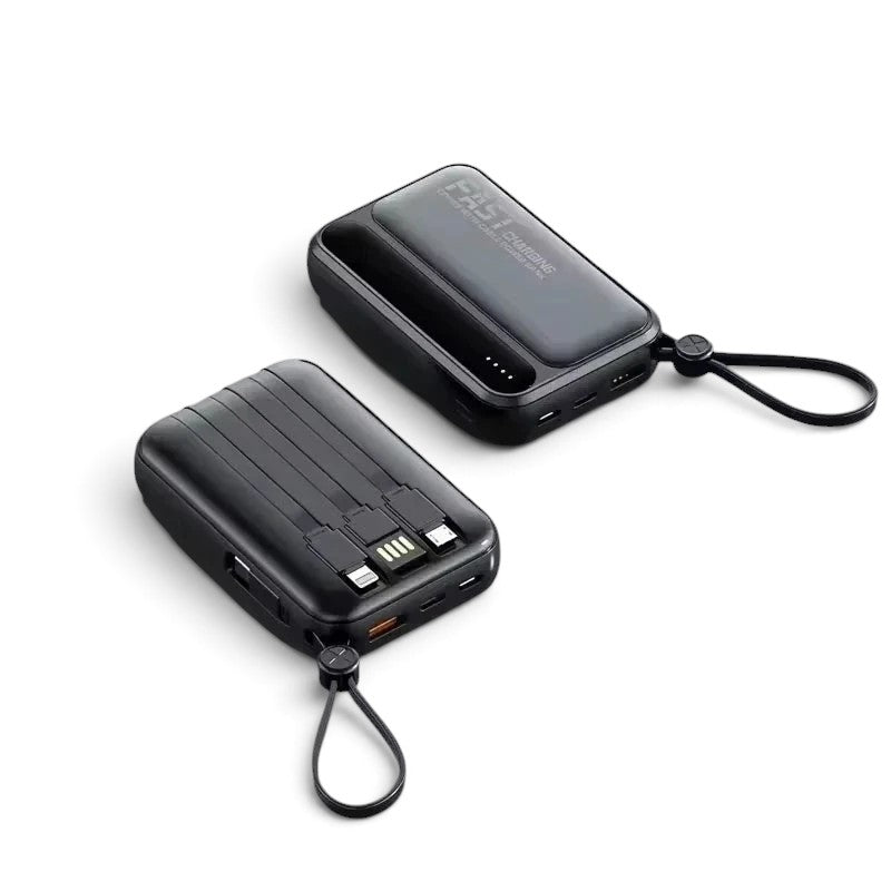 zero2cart black portable power bank with built-in cables, digital display, and carry strap for fast charging devices.