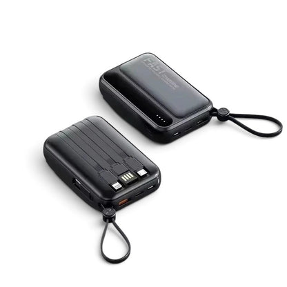 zero2cart black portable power bank with built-in cables, digital display, and carry strap for fast charging devices.