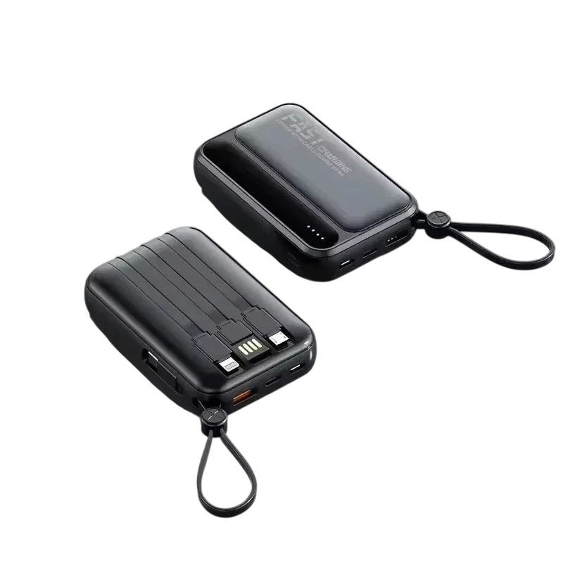 zero2cart black portable power bank with built-in cables, digital display, and carry strap for fast charging devices.