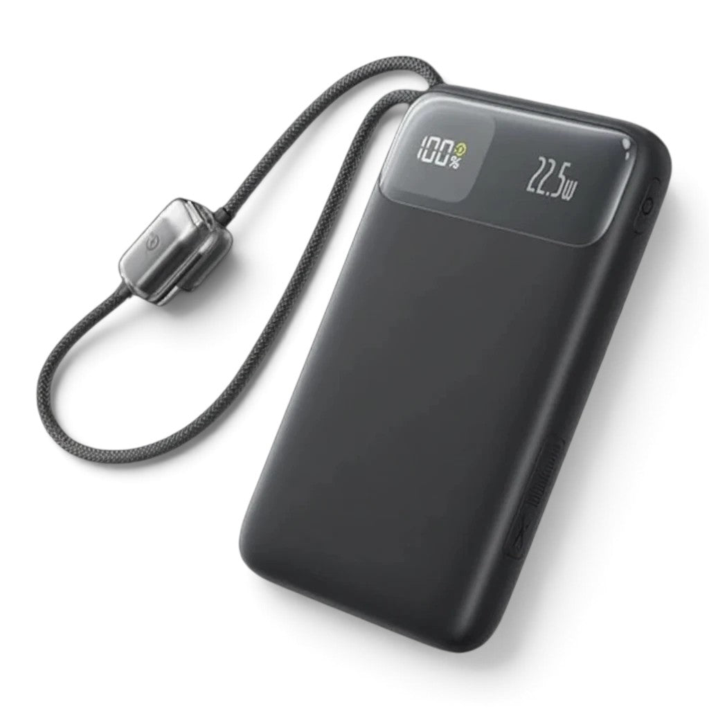 zero2cart black 10000mAh portable power bank with digital display and integrated braided USB-C cable