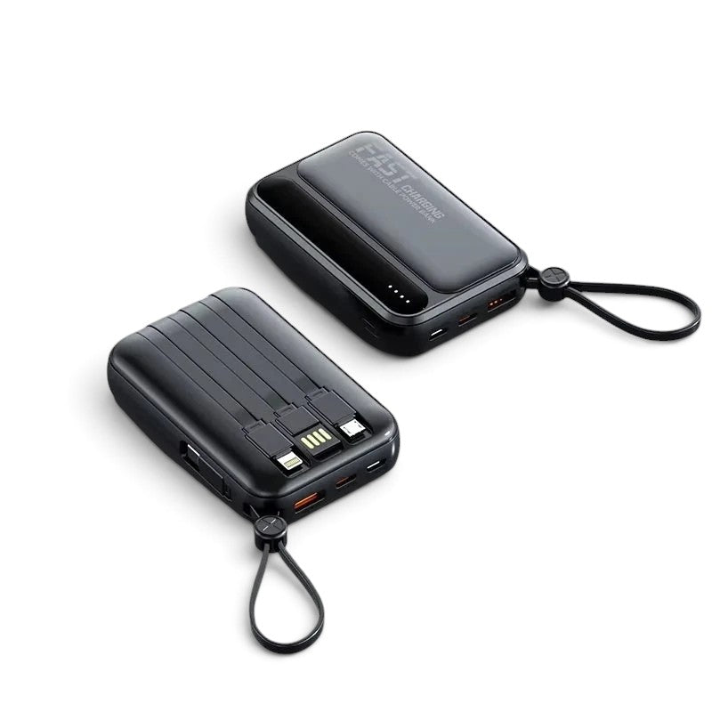 zero2cart black portable power bank with built-in charging cables, digital display, and carry strap on black background
