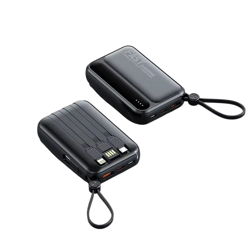 zero2cart black portable power bank with built-in charging cables, digital display, and carry strap on black background