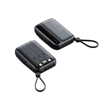 zero2cart black portable power bank with built-in charging cables, digital display, and carry strap on black background