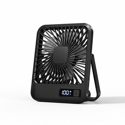 zero2cart black rechargeable portable desk fan with a 180-degree foldable stand and digital battery display