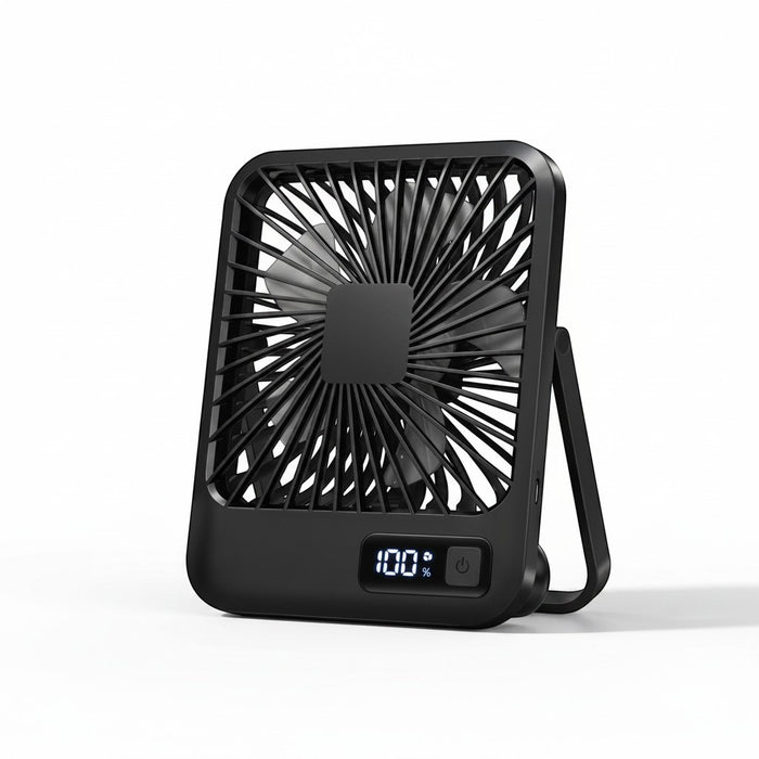 zero2cart black rechargeable portable desk fan with a 180-degree foldable stand and digital battery display