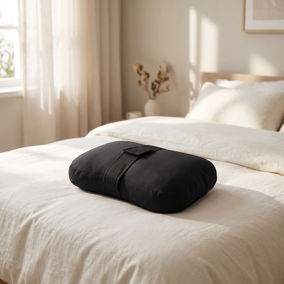 zero2cart black square side sleeper knee pillow with adjustable strap resting on a white bed in a bright bedroom