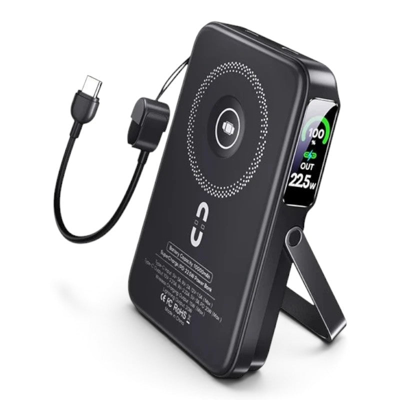 zero2cart black 10000mAh wireless power bank with built-in cable, TFT digital display, and fold-out stand