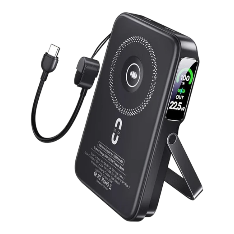 zero2cart black 10000mAh wireless power bank with built-in cable, TFT digital display, and fold-out stand