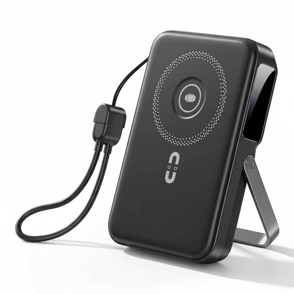 zero2cart 10000mAh wireless power bank in black with a built-in cable, digital display, and fold-out metal stand.