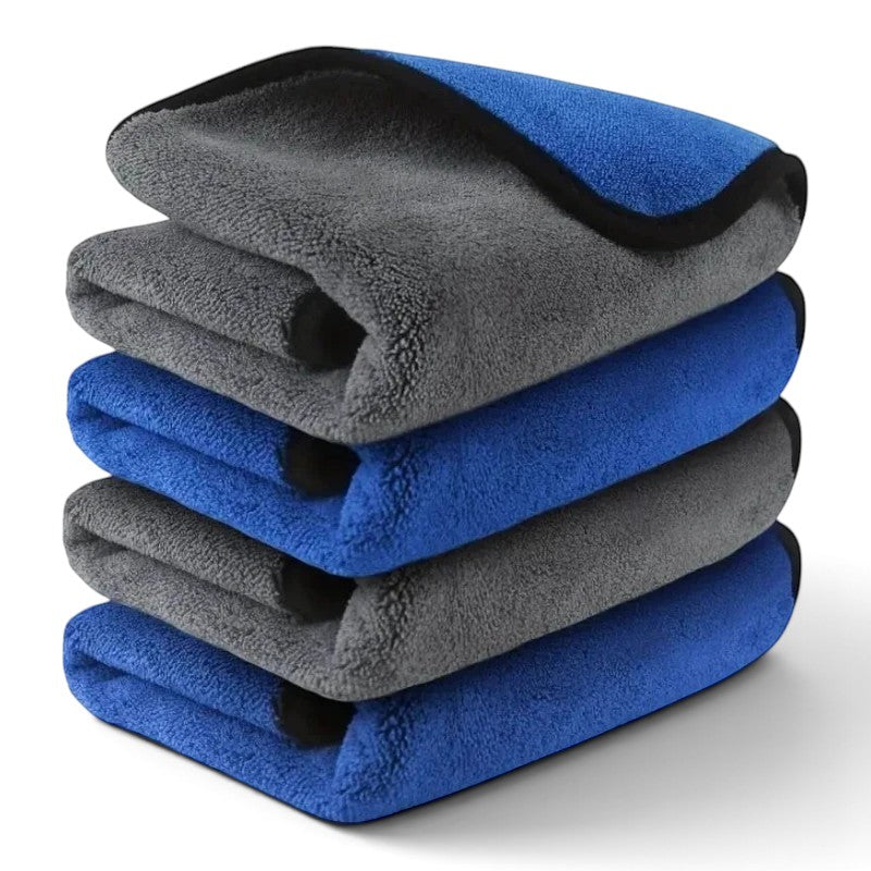 zero2cart stack of blue and grey coral fleece microfiber cleaning towels with black edges for car and home use