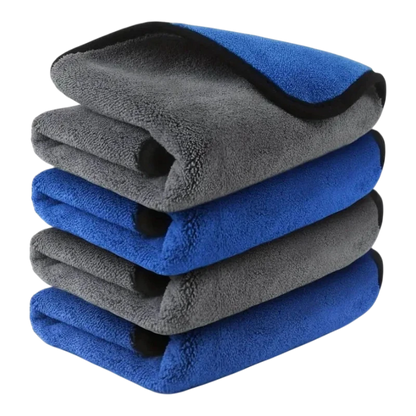 zero2cart stack of blue and grey coral fleece microfiber cleaning towels with black edges for car and home use