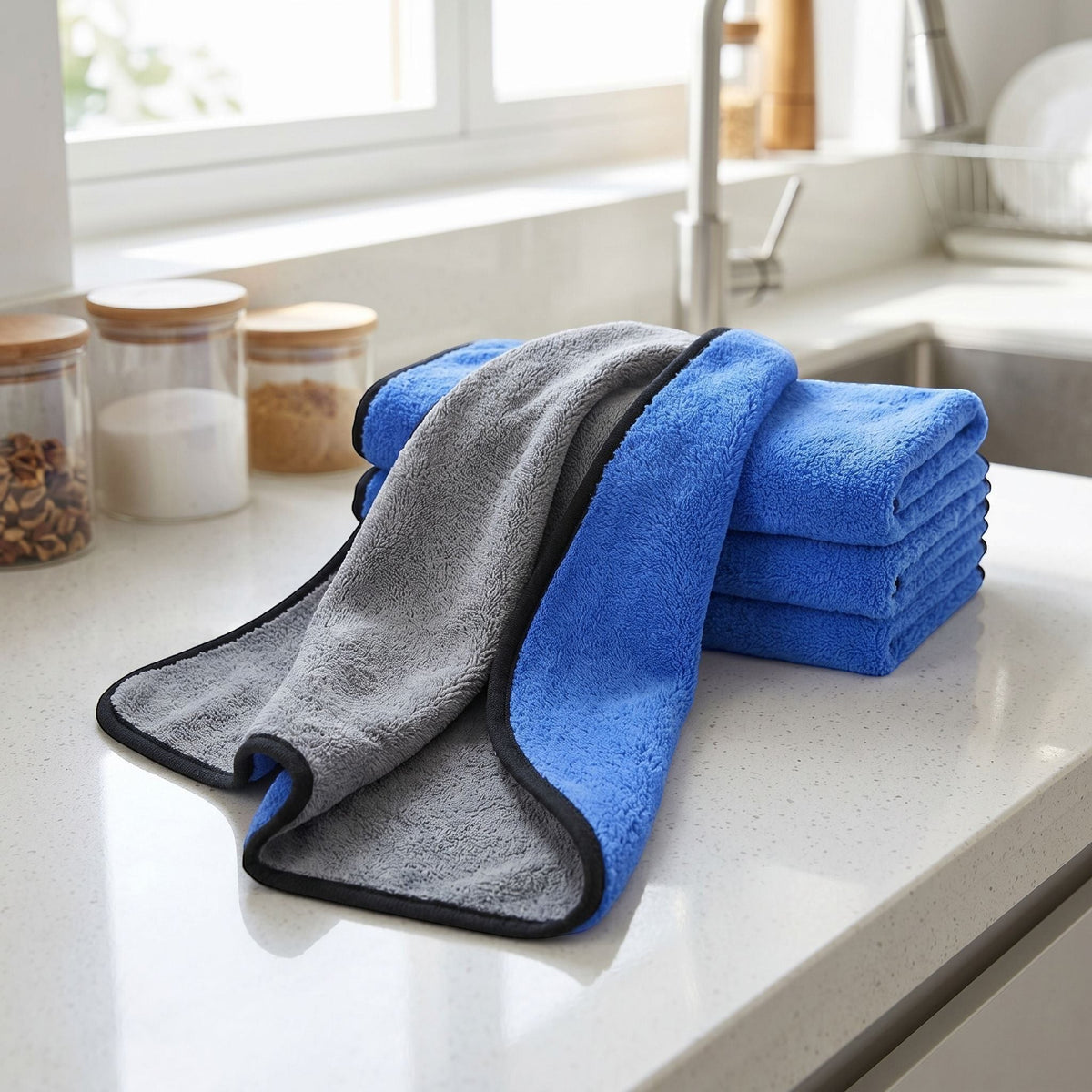 zero2cart blue and grey coral fleece microfiber cleaning towels stacked on a kitchen counter
