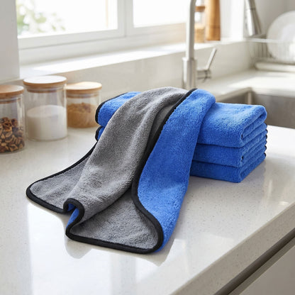 zero2cart blue and grey coral fleece microfiber cleaning towels stacked on a kitchen counter
