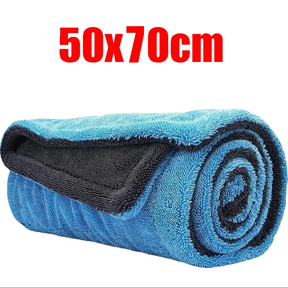 zero2cart blue and black double-layer microfiber car drying towel rolled up for storage