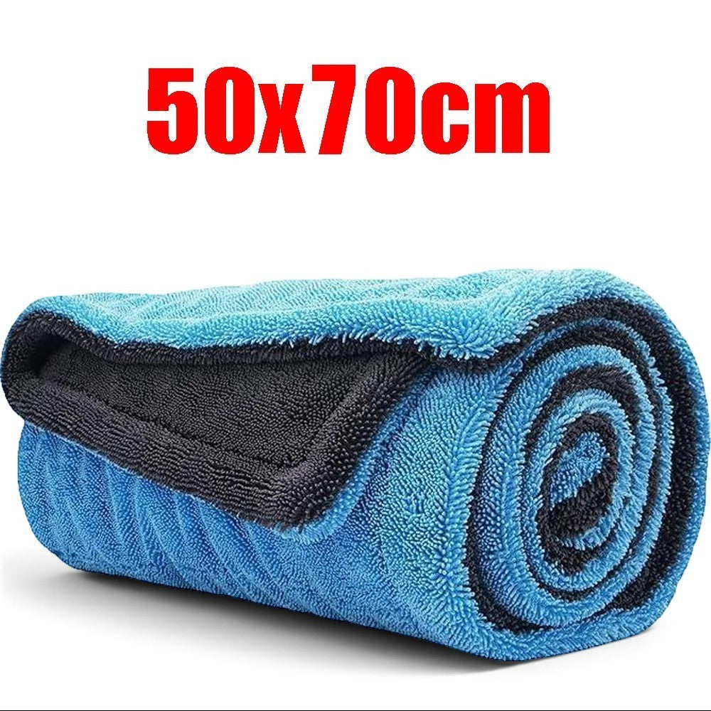 zero2cart blue and black double-layer microfiber car drying towel rolled up for storage