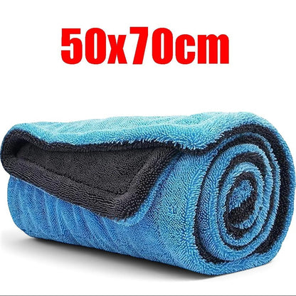 zero2cart blue and black double-layer microfiber car drying towel rolled up for storage