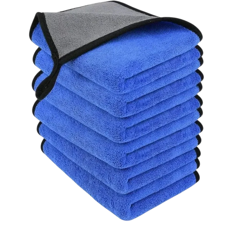zero2cart blue and grey coral fleece microfiber cleaning towels stacked for car washing and home use