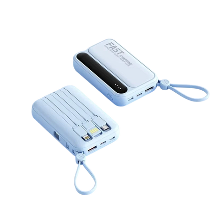 zero2cart light blue portable power bank with built-in charging cables, digital display, and carry strap