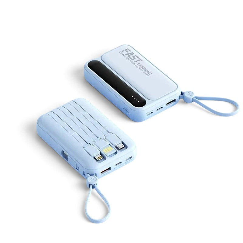 zero2cart light blue portable power bank with built-in charging cables, digital display, and carry strap