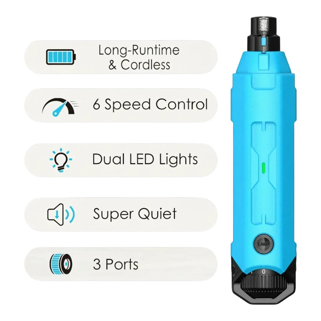 zero2cart rechargeable blue dog nail grinder with 6 speed control, dual LED lights, and 3 ports for quiet grooming