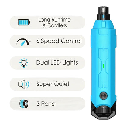 zero2cart rechargeable blue dog nail grinder with 6 speed control, dual LED lights, and 3 ports for quiet grooming