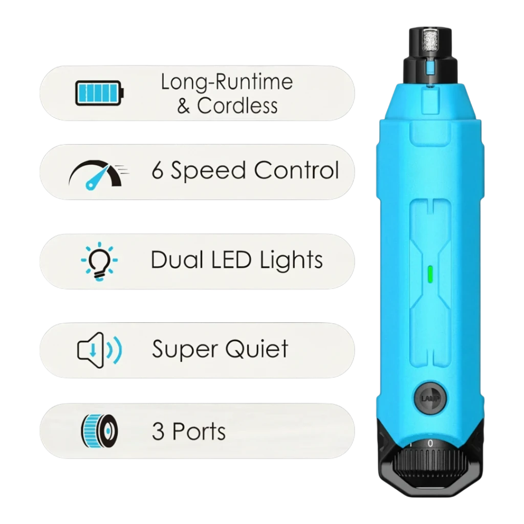 zero2cart rechargeable blue dog nail grinder with 6 speed control, dual LED lights, and 3 ports for quiet grooming