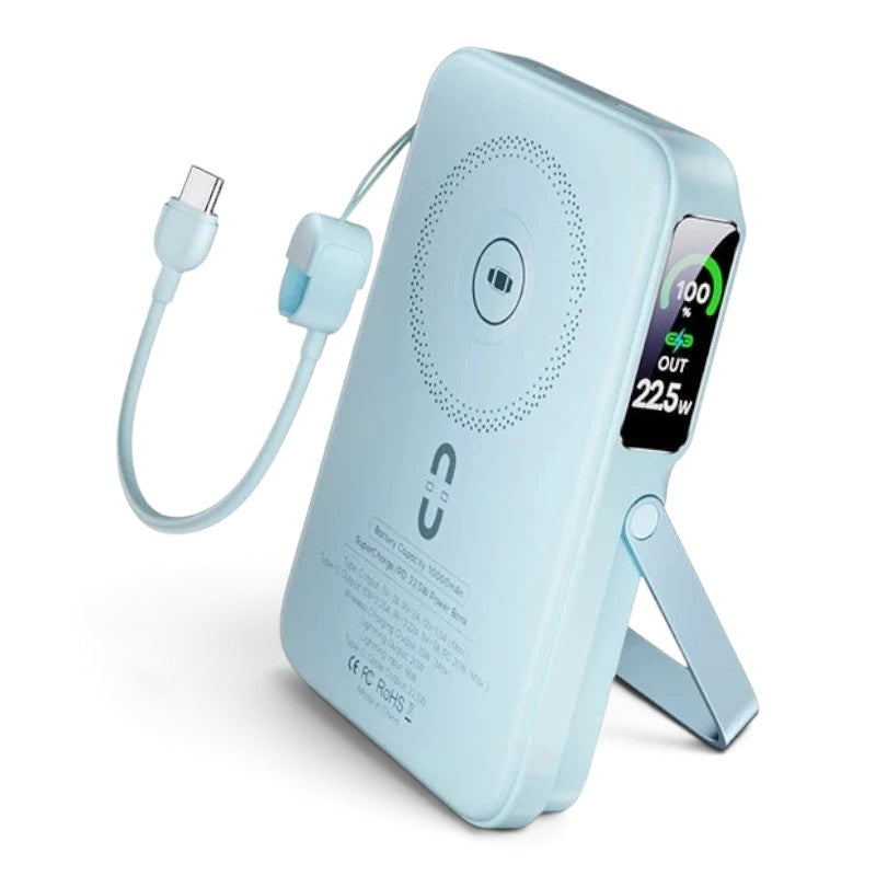 zero2cart blue 10000mAh wireless power bank with TFT digital display, built-in cable, and fold-out stand