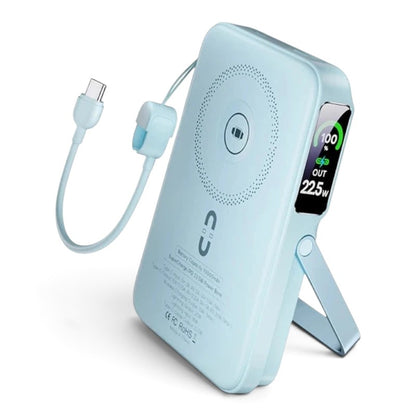 zero2cart blue 10000mAh wireless power bank with TFT digital display, built-in cable, and fold-out stand