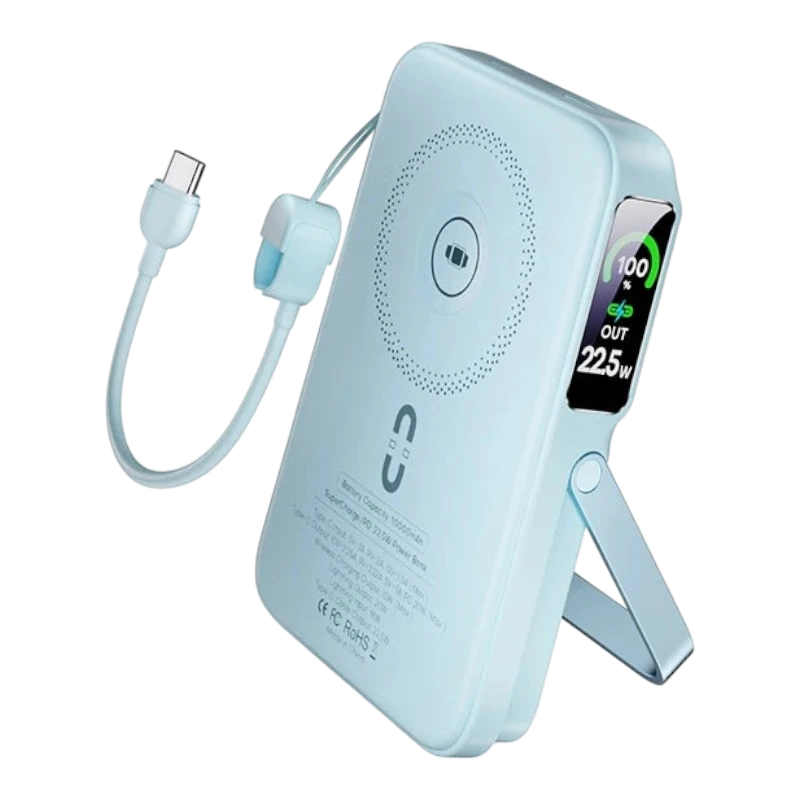 zero2cart blue 10000mAh wireless power bank with TFT digital display, built-in cable, and fold-out stand