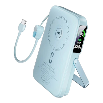 zero2cart blue 10000mAh wireless power bank with TFT digital display, built-in cable, and fold-out stand
