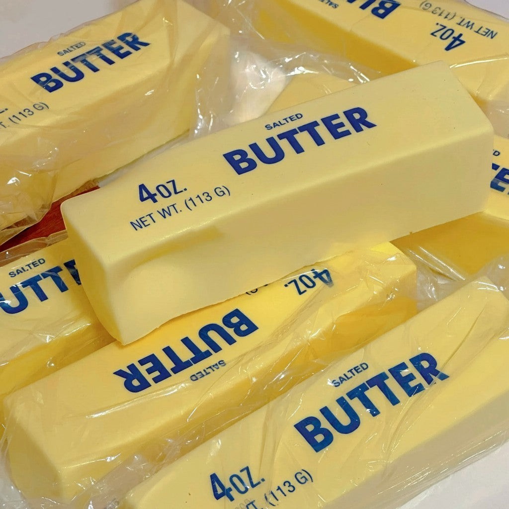 zero2cart butter stick squishy fidget toy in soft yellow TPE with realistic salted butter packaging design