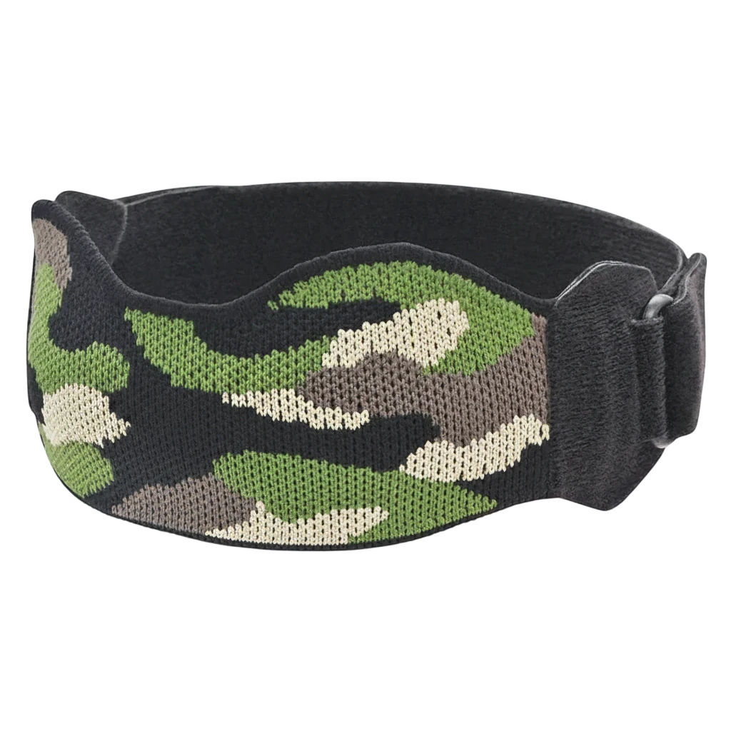 zero2cart adjustable patella tendon knee strap in a green and black camouflage knit pattern for sports support