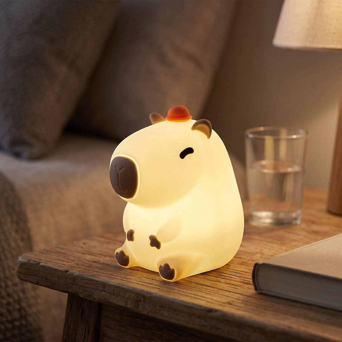 zero2cart rechargeable capybara night light with soft silicone body and warm LED glow on a wooden bedside table