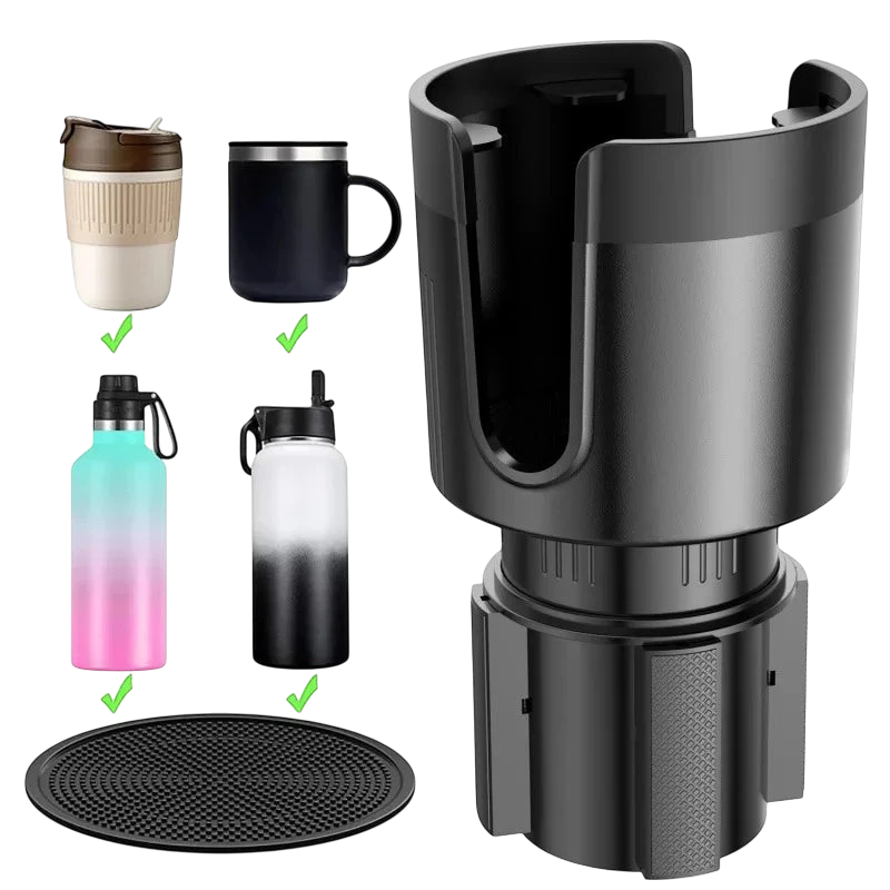 zero2cart adjustable car cup holder extender in black, designed to securely fit various large bottles and tumblers.